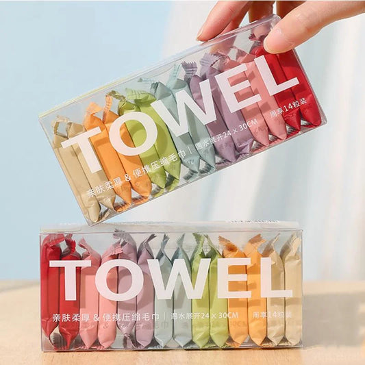 14Pcs Compressed Towel Travel Disposable Face Towel Cleaning Quick Drying Towel Pure Cotton Non-Woven Fabric Wipes Makeup Towel